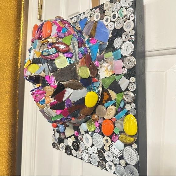 Sculpture Head Bust papier-mâché, Mosaic Glass Beads Buttons Figure art OOAK - Picture 12 of 14